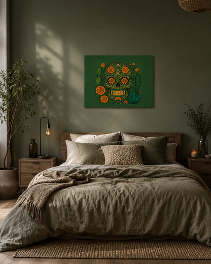 Cozy olive green bedroom with natural textures and Mexica Aztec Bloom sugar skull canvas above the bed.