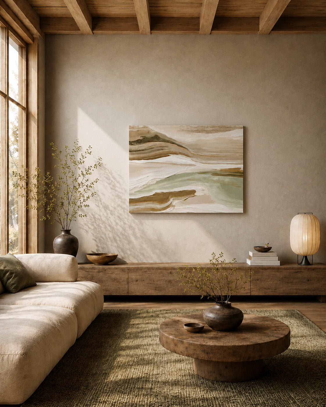 Green and beige abstract canvas wall art in a cozy modern living room.