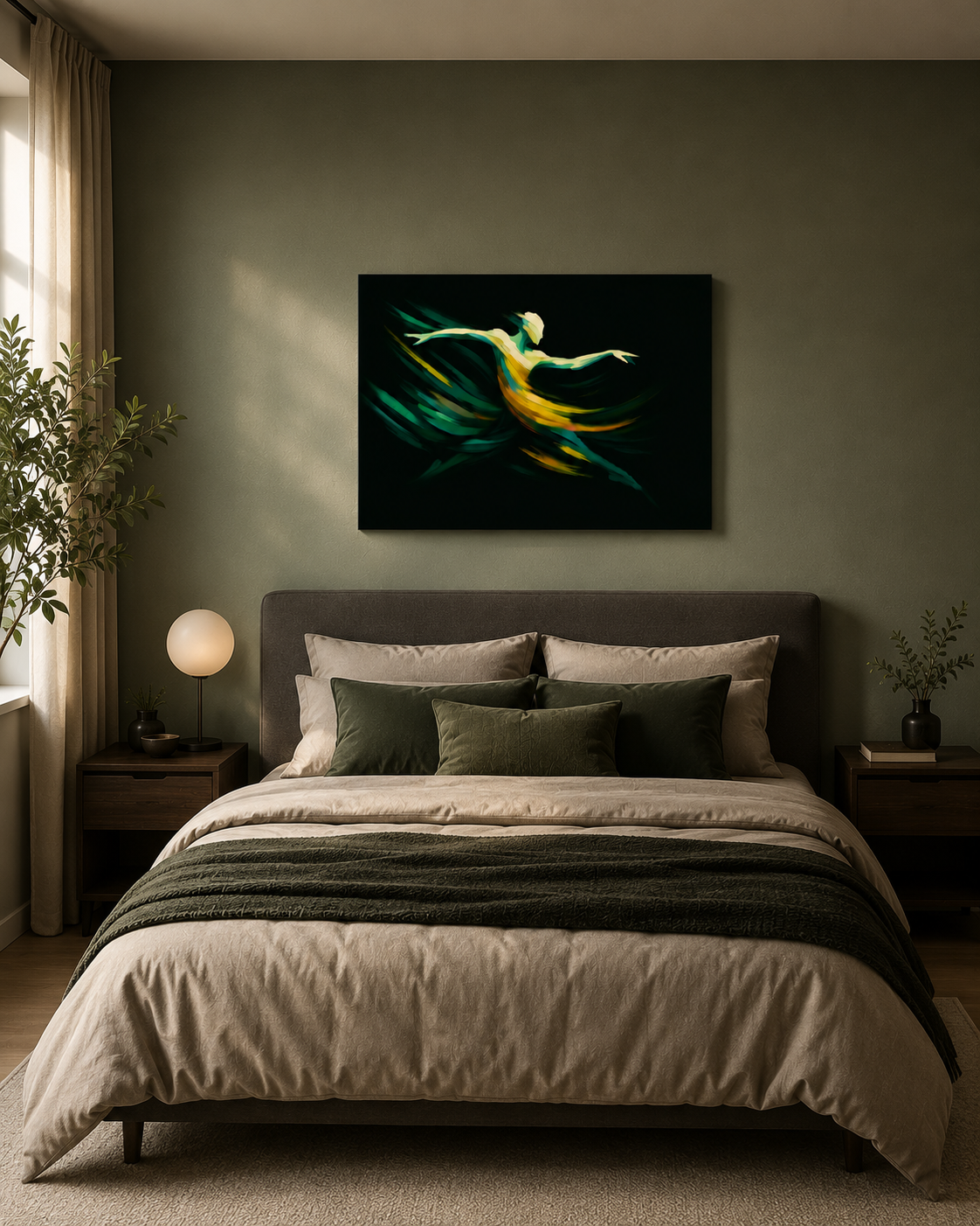Abstract Green Dancer canvas wall art above a modern bed in a cozy bedroom with soft neutral tones.