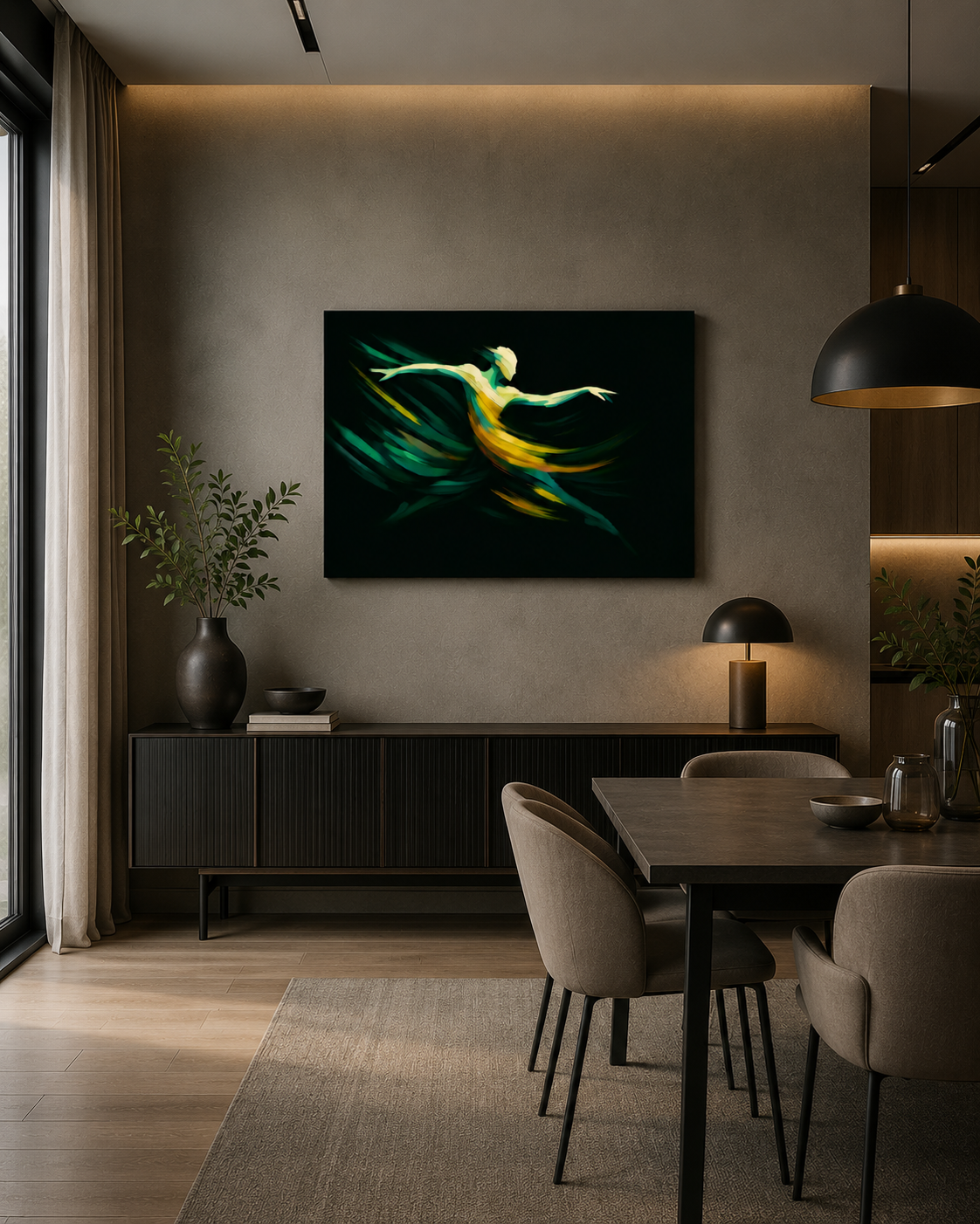 Abstract Green Dancer canvas wall art in a contemporary dining area with warm lighting and minimalist furniture.