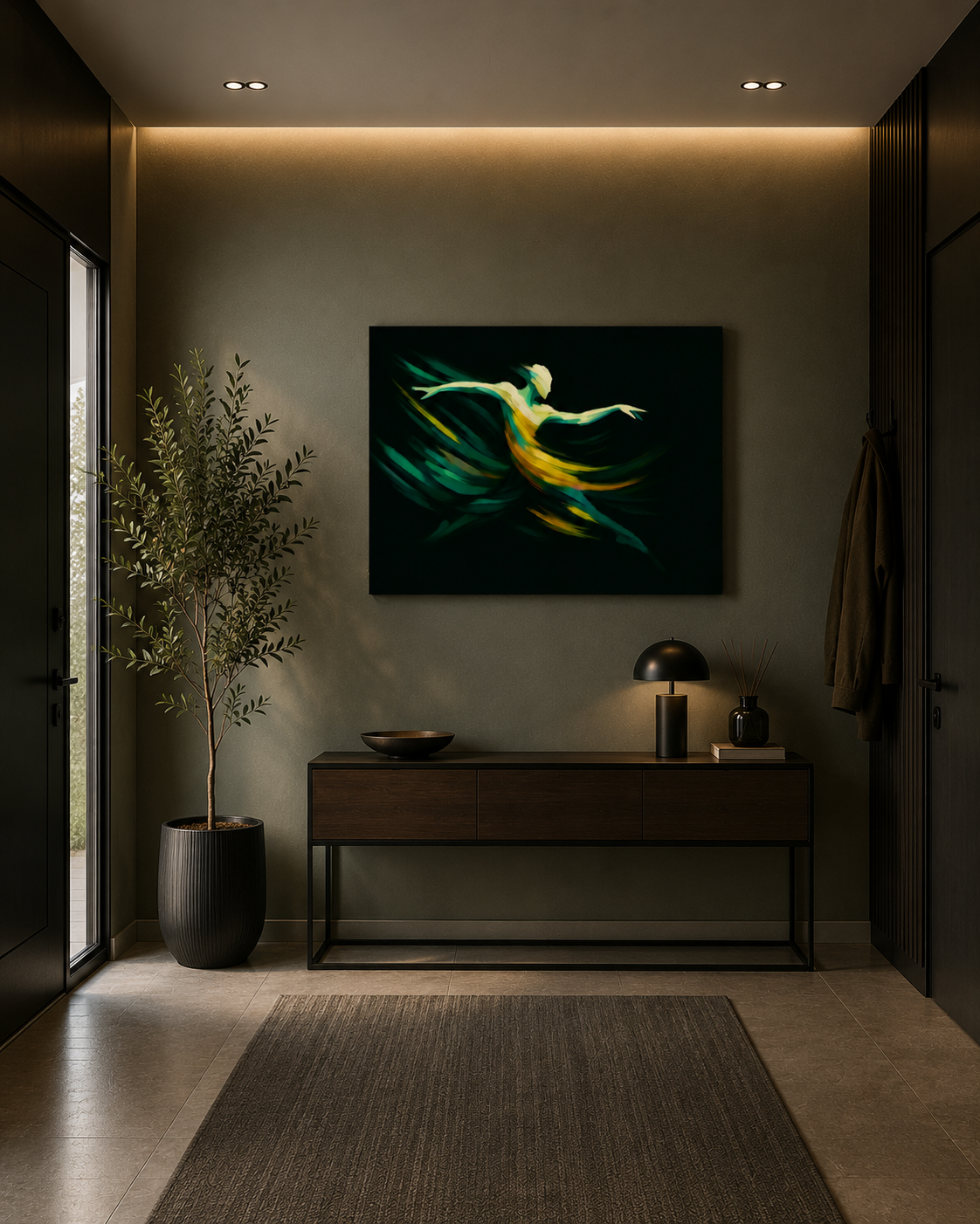 75x60 cm landscape canvas with abstract green dancer artwork displayed above a floating console in a modern hallway with soft ambient lighting.