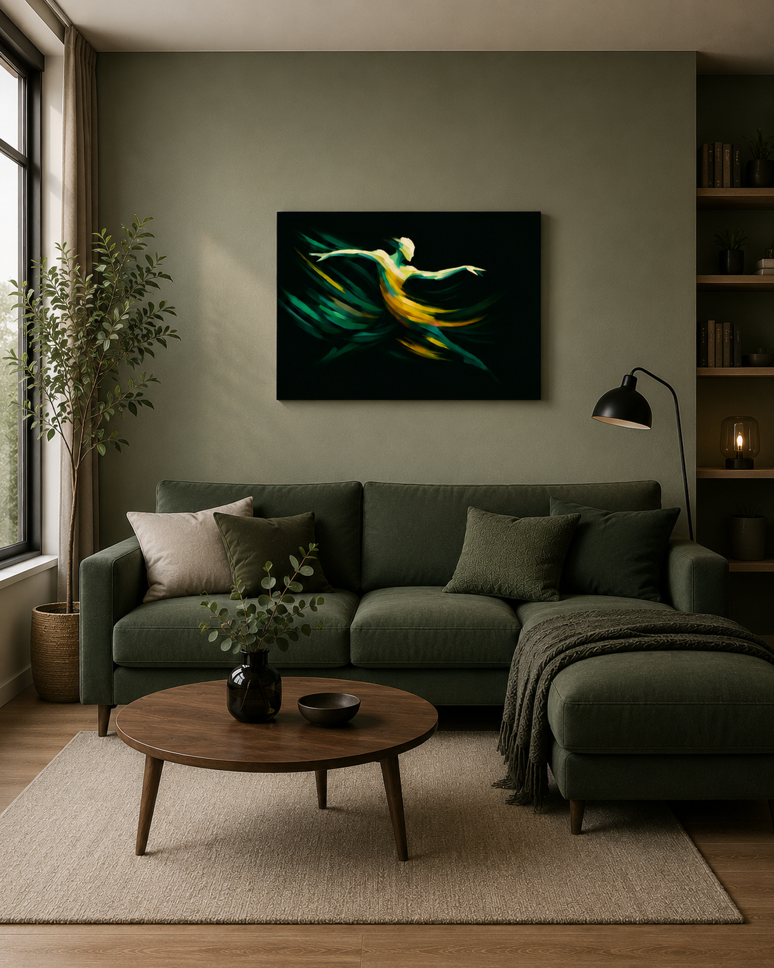 75x60 cm horizontal canvas featuring abstract green dancer artwork displayed in a modern living room with olive sofa, wooden coffee table and neutral decor.