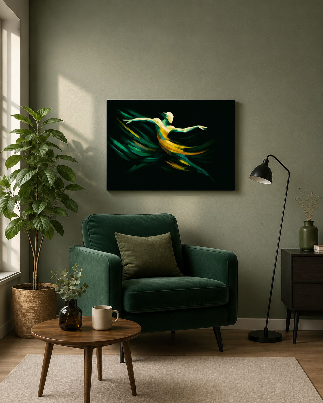 75x60 cm horizontal canvas with green dancer artwork displayed above a green armchair in a stylish reading corner with natural light.