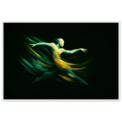 Green Dancer abstract print in a white wooden frame, highlighting the contrast between the luminous figure and the dark ground.