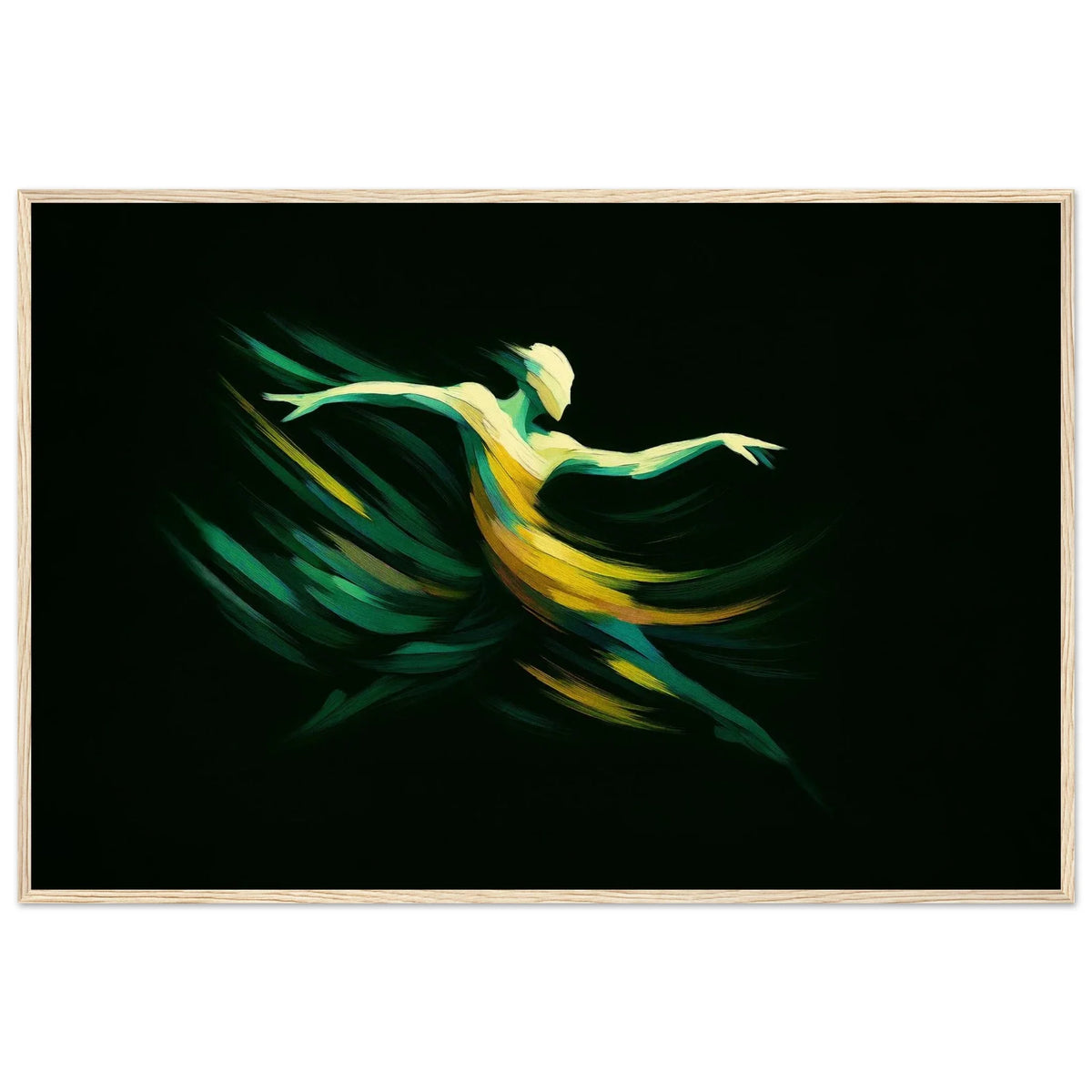 Green Dancer abstract print in a natural wood frame, with the golden body and outstretched arms in view.