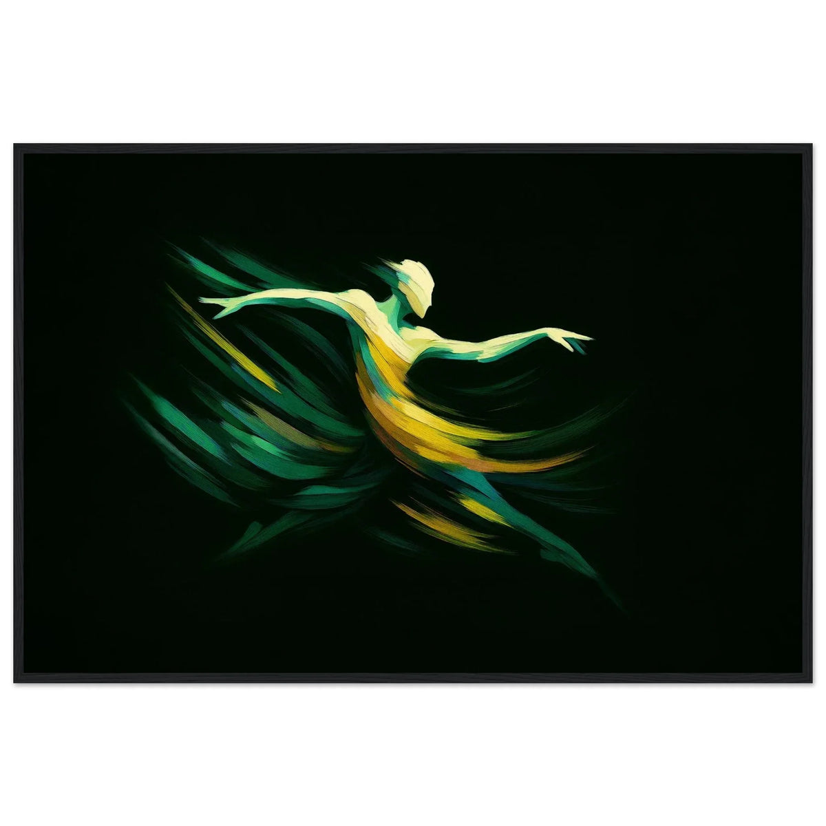 Green Dancer modern abstract framed wall art in a black frame, a dancer's figure in emerald green and gold on black.