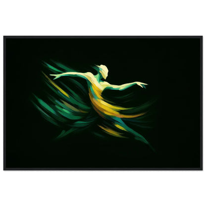 Green Dancer modern abstract framed wall art in a black frame, a dancer's figure in emerald green and gold on black.
