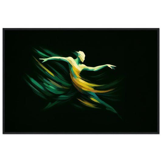 Green Dancer modern abstract framed wall art in a black frame, a dancer's figure in emerald green and gold on black.
