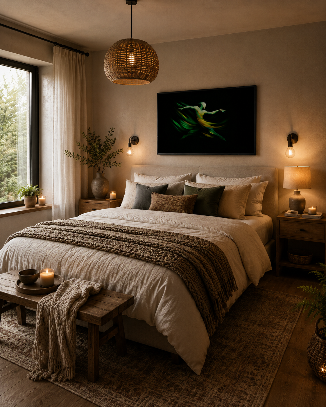 Green abstract dancer wall art with black frame above a warm modern bed with layered textiles, wooden furniture and soft ambient lighting.