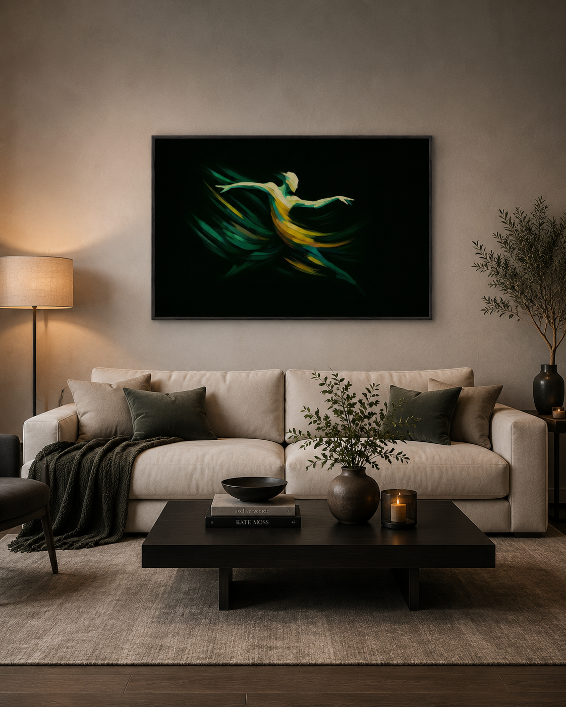 Green abstract dancer wall art in a cozy modern living room with beige sectional sofa, wooden coffee table and warm natural decor.