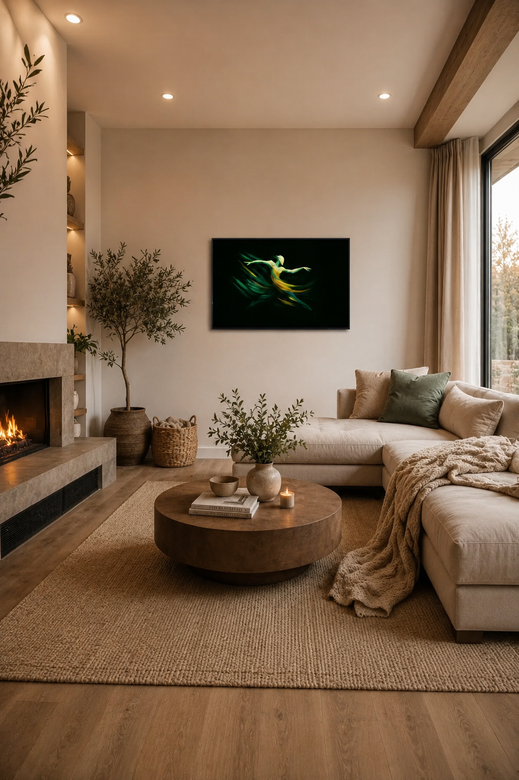Abstract green dancer canvas with black frame displayed in a bright Scandinavian living room with fireplace, round coffee table and soft neutral tones.