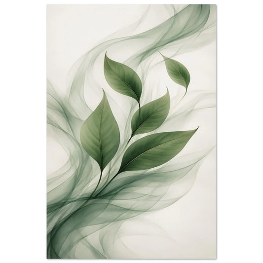 Green Flow contemporary botanical abstract wall art poster with green leaves and flowing translucent shapes on a light neutral ground
