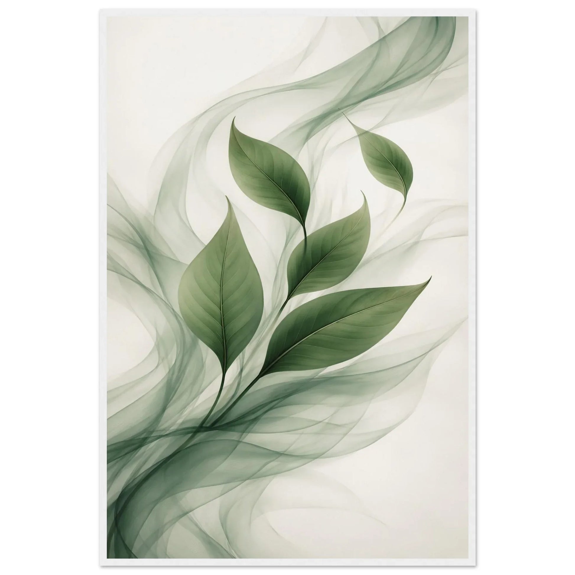 Green Flow botanical print in a white frame with soft green foliage