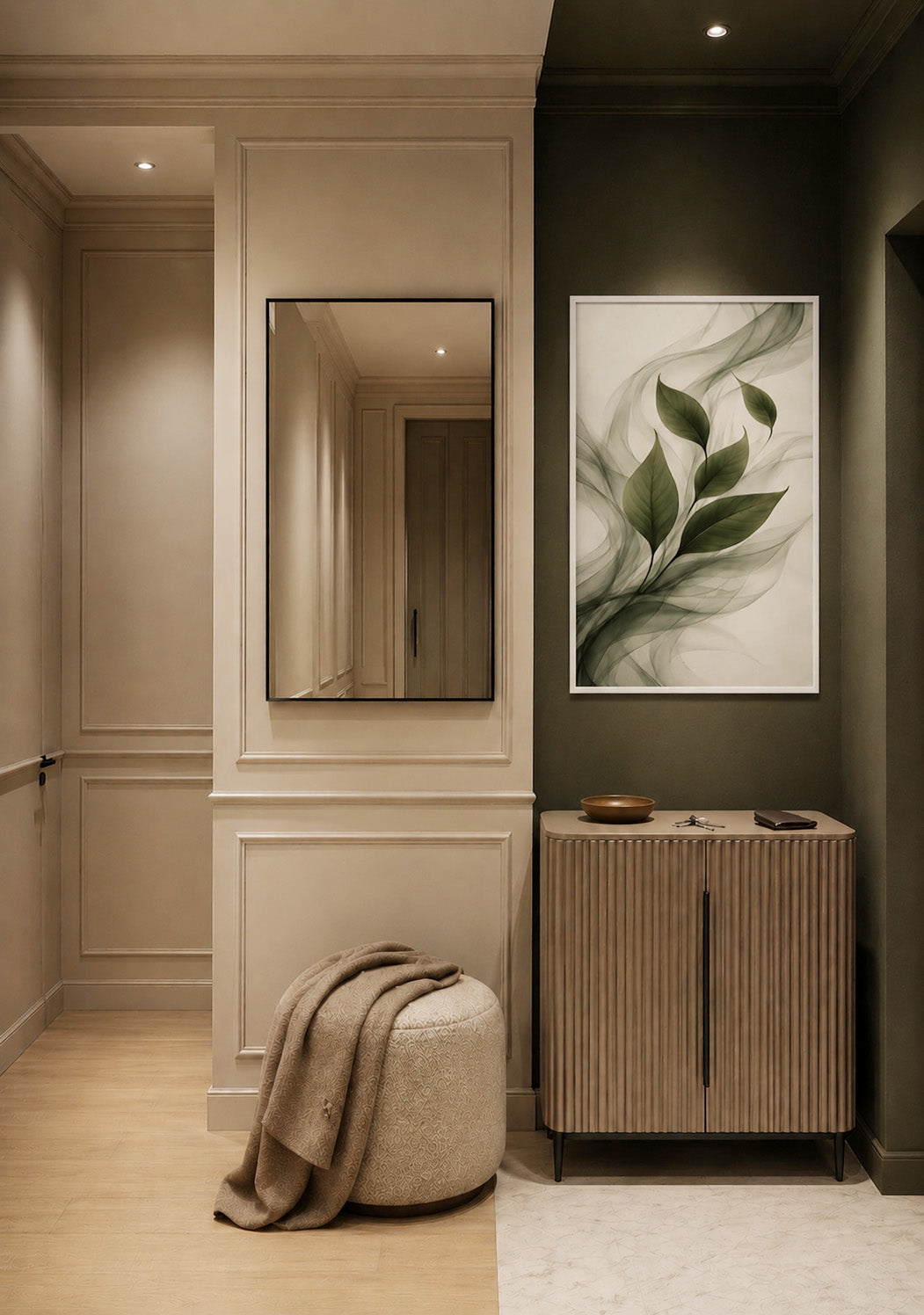 Green Flow framed wall art in a modern hallway with a mirror and wood cabinet
