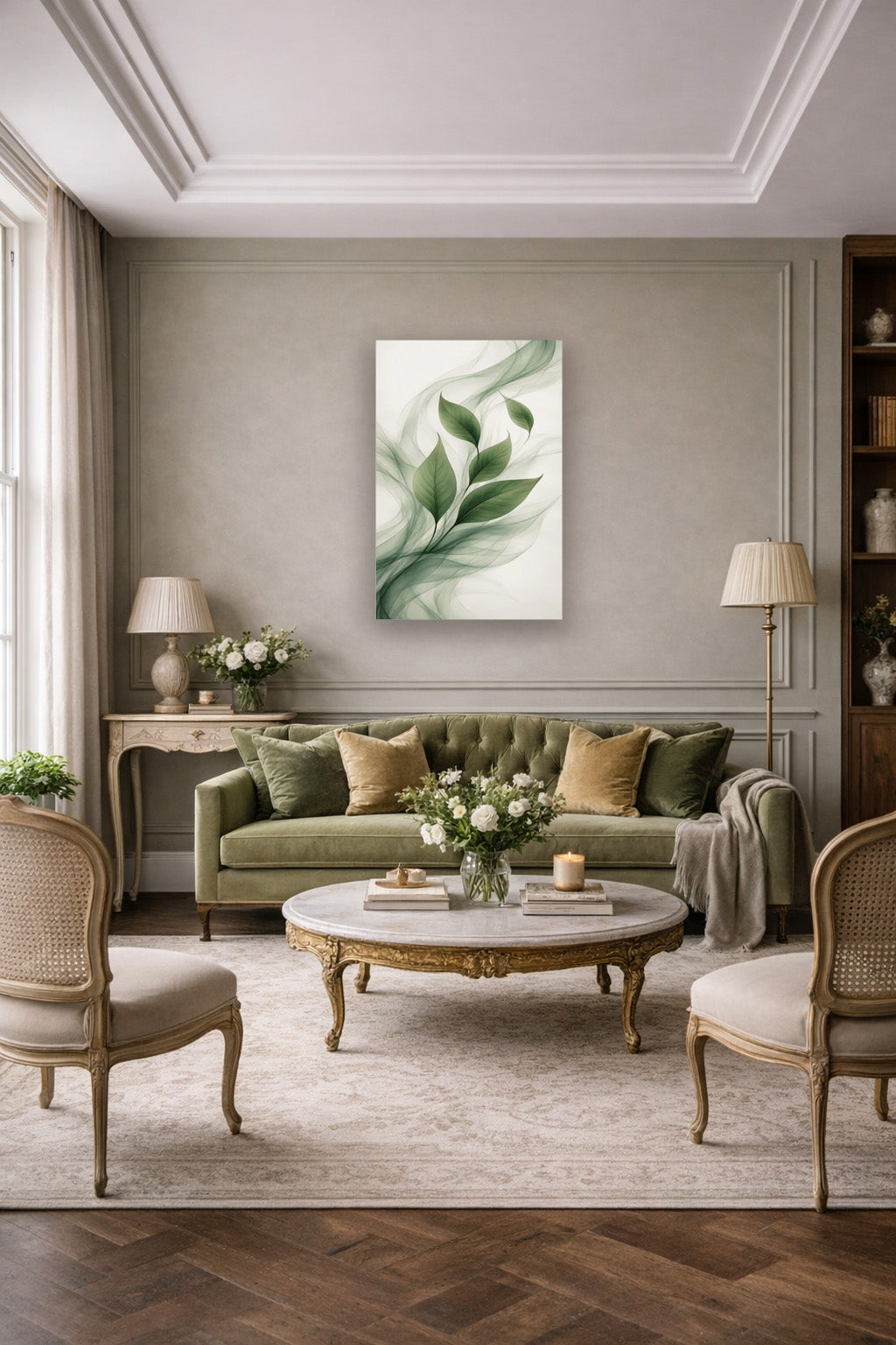 Green Flow poster in an elegant living room with a green sofa and classic modern decor