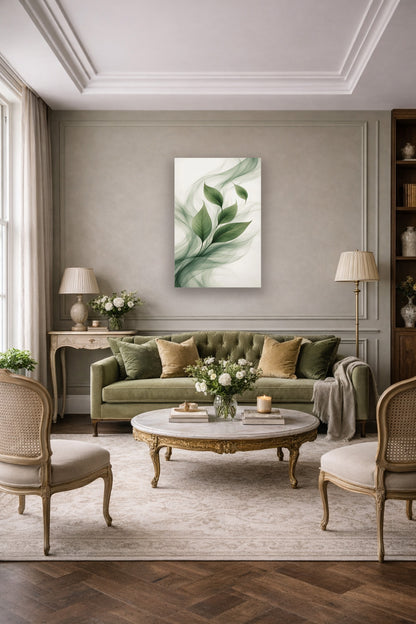 Green Flow poster in an elegant living room with a green sofa and classic modern decor