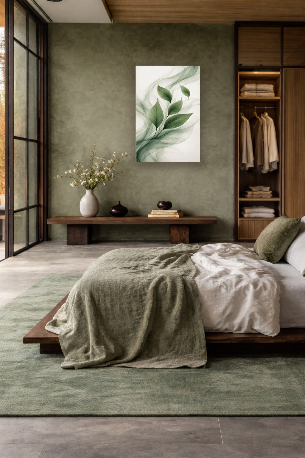 Green Flow poster in a modern green bedroom with soft textiles and natural decor