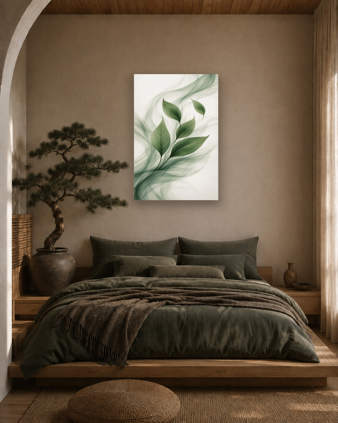 Green Flow poster above the bed in a moody modern bedroom in warm neutral tones