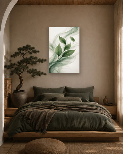 Green Flow poster above the bed in a moody modern bedroom in warm neutral tones