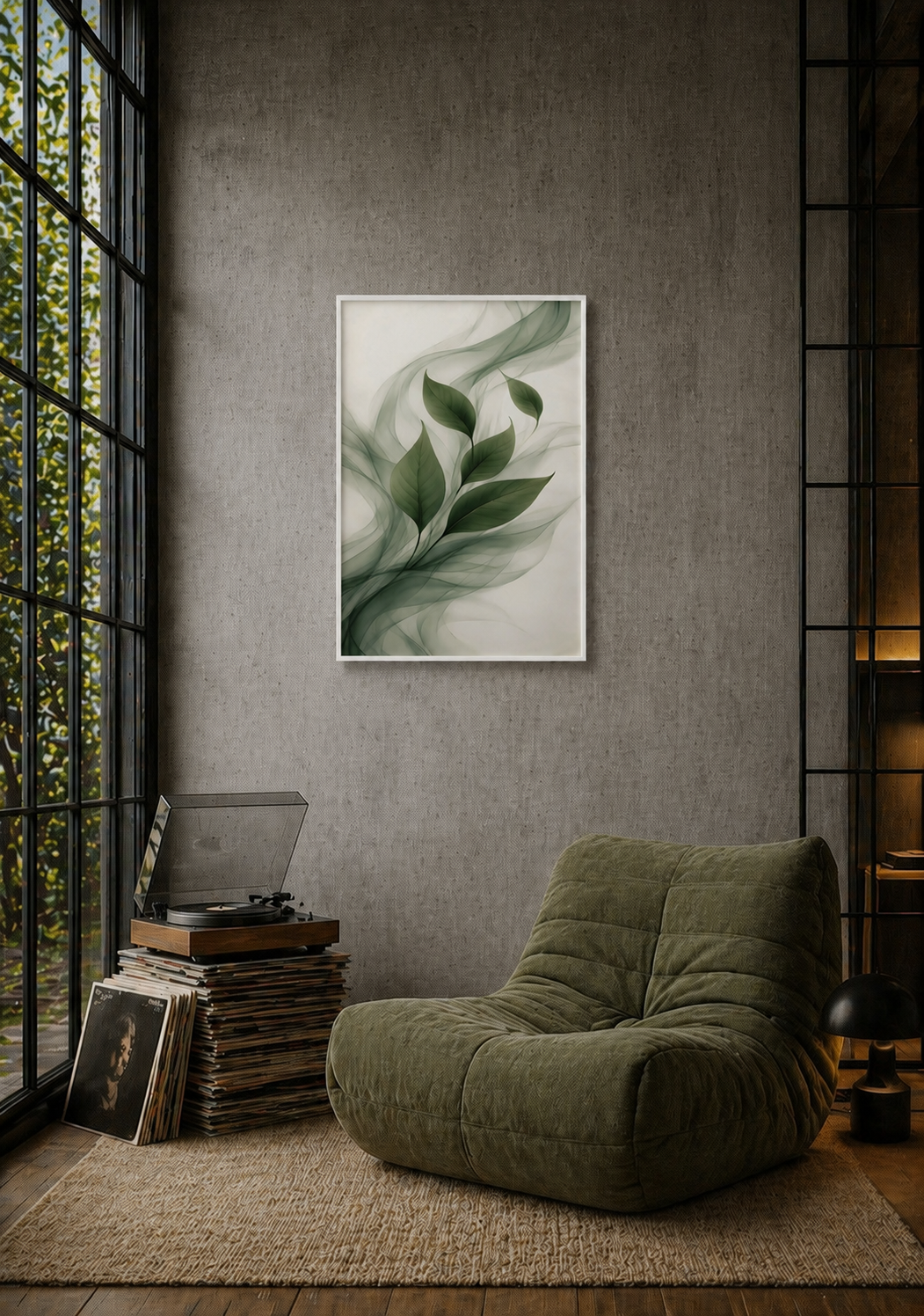 Botanical leaf wall art with white frame displayed in an industrial reading corner with green lounge chair, vinyl records and floor-to-ceiling windows