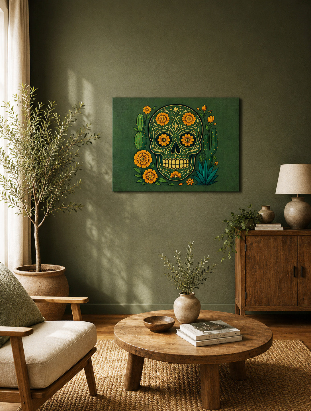 Realistic green living room interior with olive accent wall and 75×60 cm Mexican sugar skull canvas artwork above wooden coffee table.