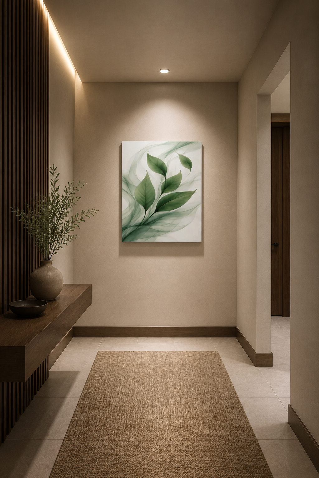 Minimalist hallway interior featuring green botanical leaf canvas wall art with warm wood details and soft lighting.