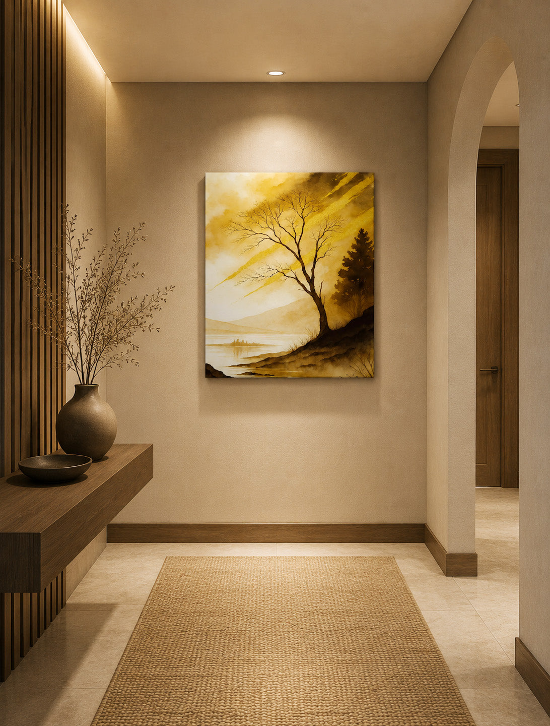 Elegant hallway mockup with golden tree canvas wall art in warm contemporary interior
