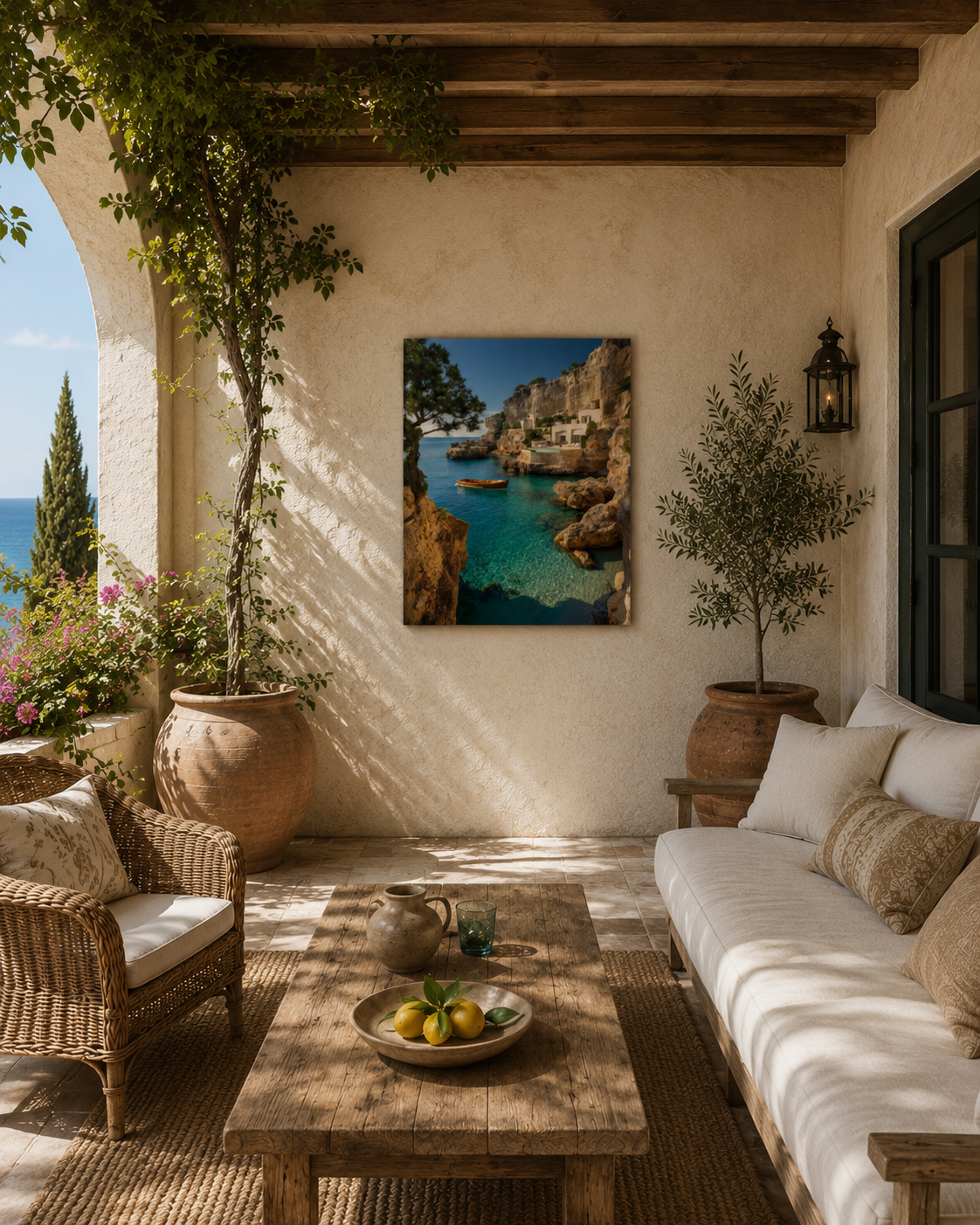 Hidden Cove Escape canvas print in an arched hallway above a console table with olive branches