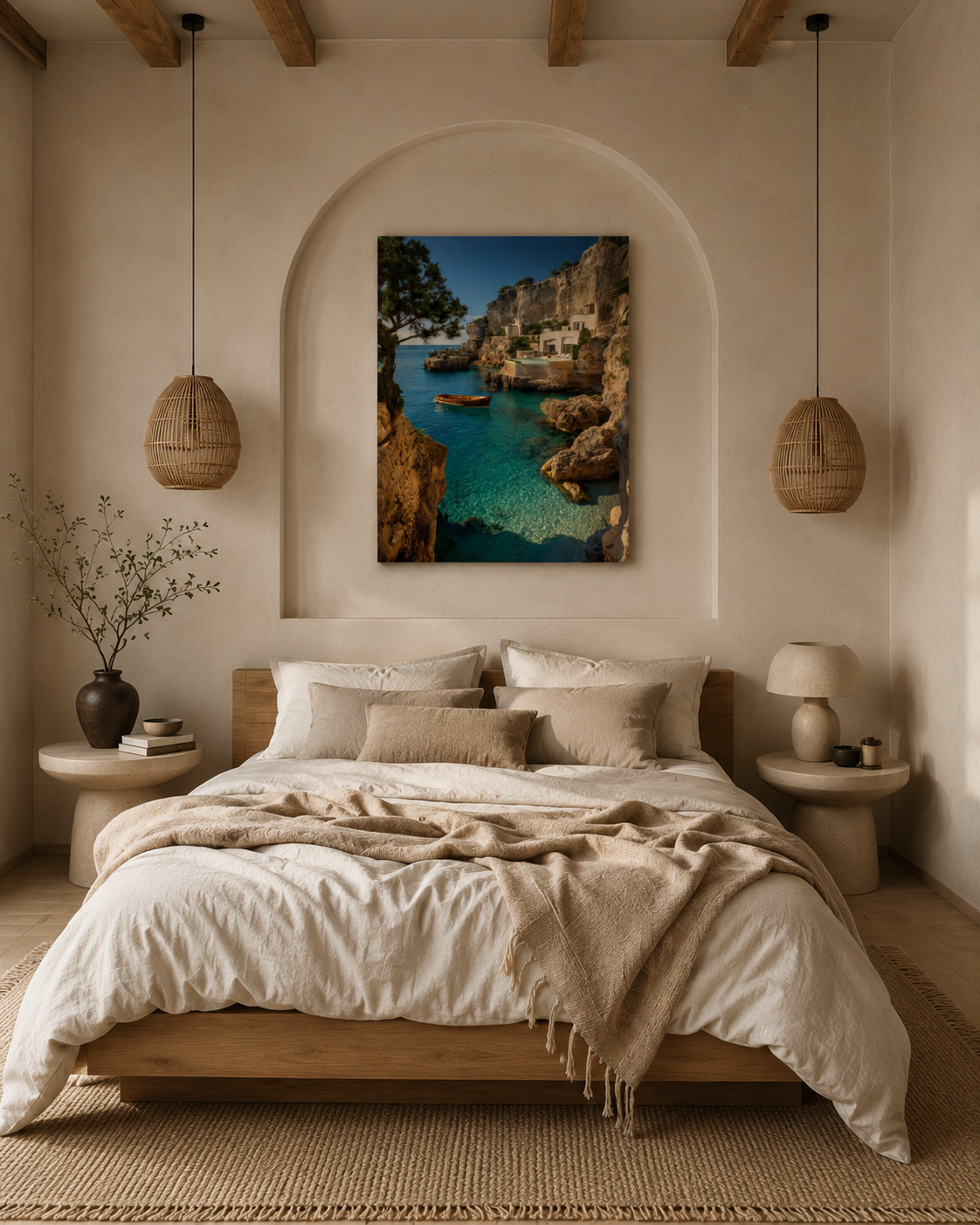 Turquoise bay canvas print on a kitchen wall above a wooden counter with a pendant lamp