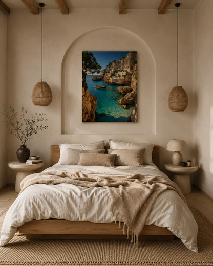Turquoise bay canvas print on a kitchen wall above a wooden counter with a pendant lamp