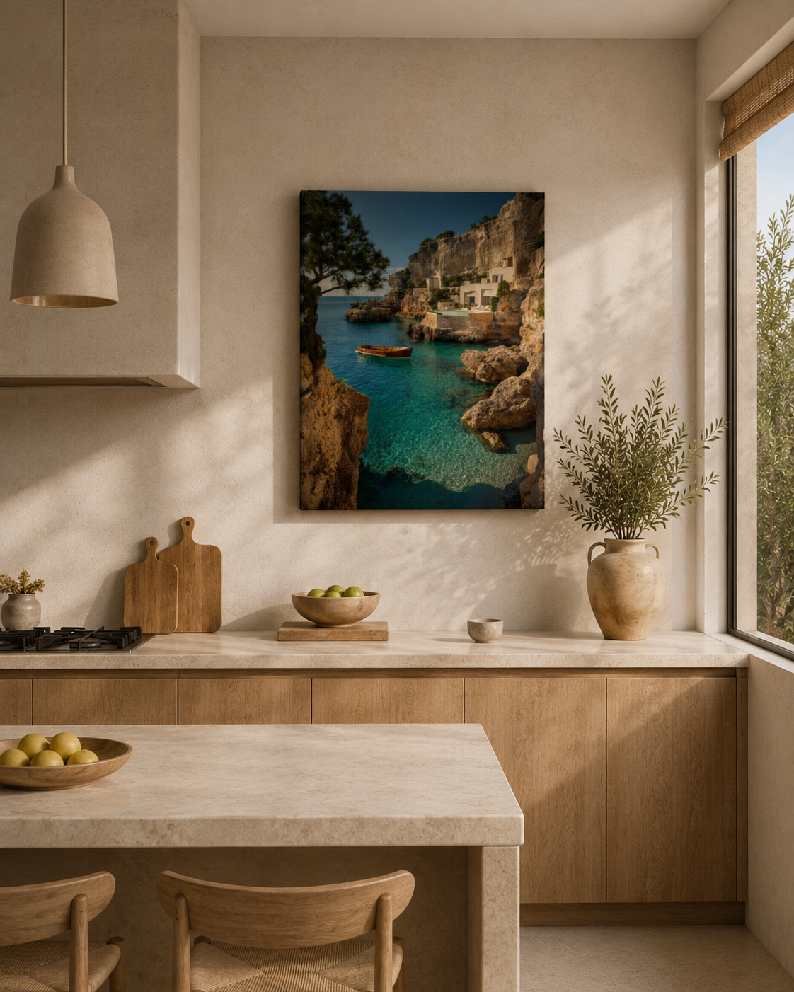 Mediterranean cove canvas wall art above a cream sofa in a living room with wooden beams and olive trees