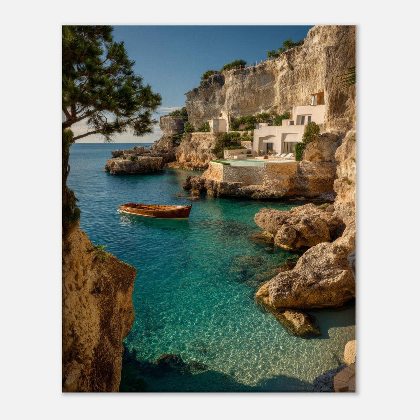 Cliffside canvas wall art showing stone houses built into the rock above a sheltered bay