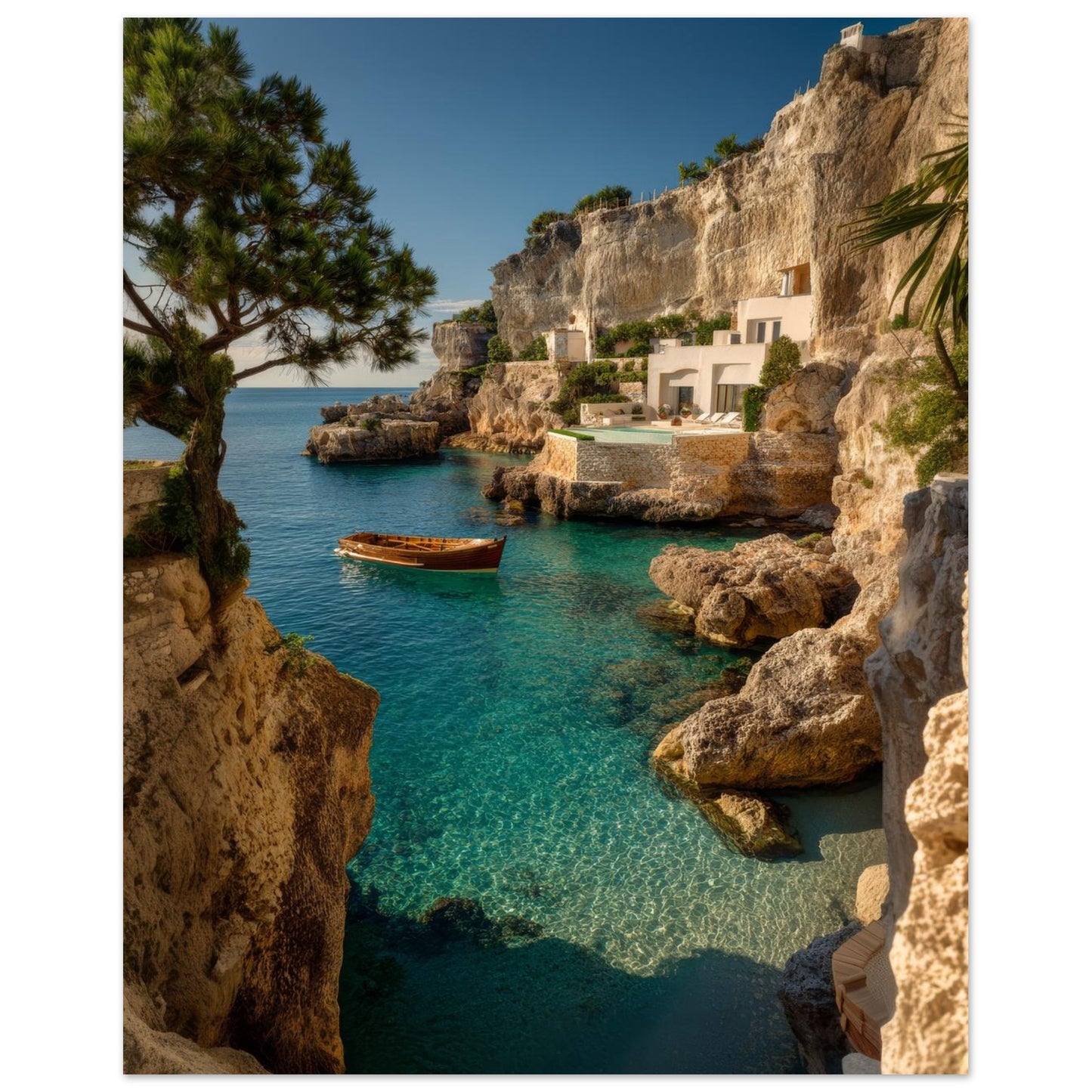 Cliffside wall art poster showing stone houses built into the rock above a sheltered bay