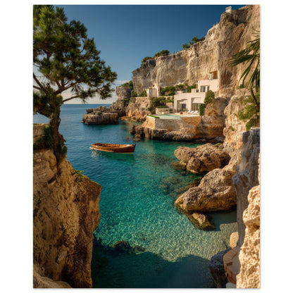Cliffside wall art poster showing stone houses built into the rock above a sheltered bay