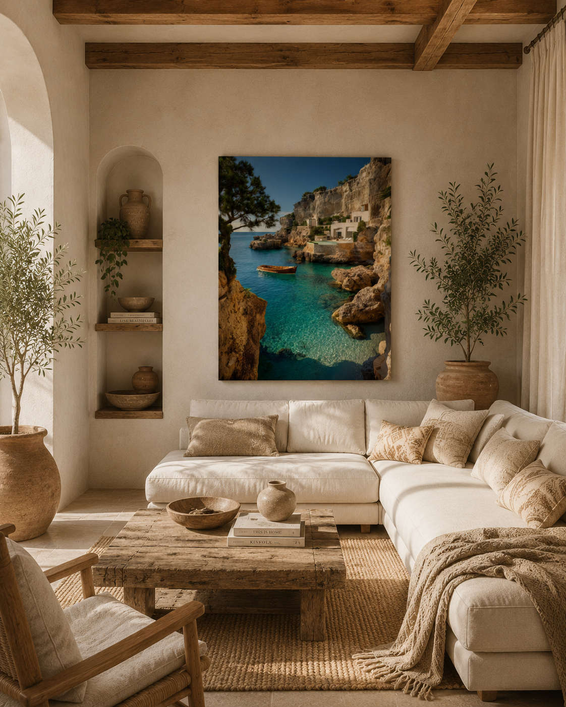 Cliffside canvas art on a covered terrace with rattan seating, potted plants and a sea view