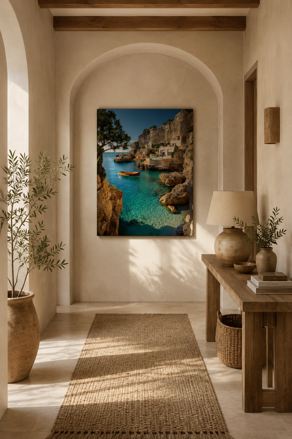 Coastal canvas wall art above a bed in a calm bedroom with arched alcove and woven pendant lights