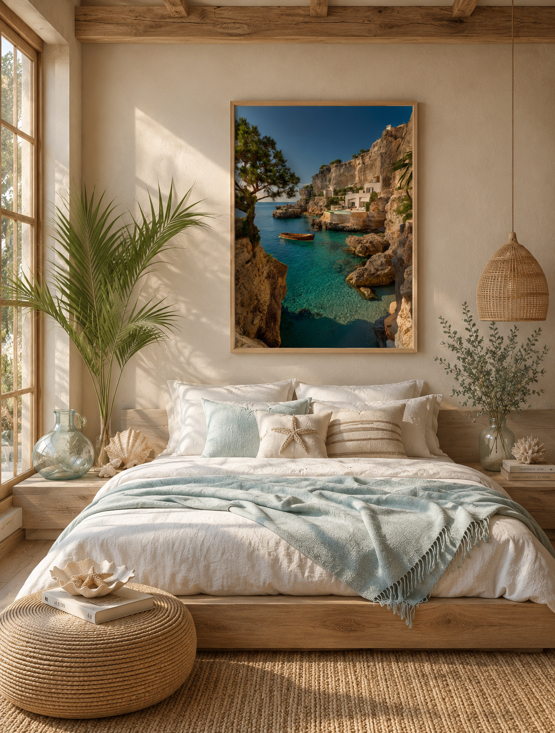 Coastal framed print above a bed in a calm bedroom with an arched niche and layered linen bedding