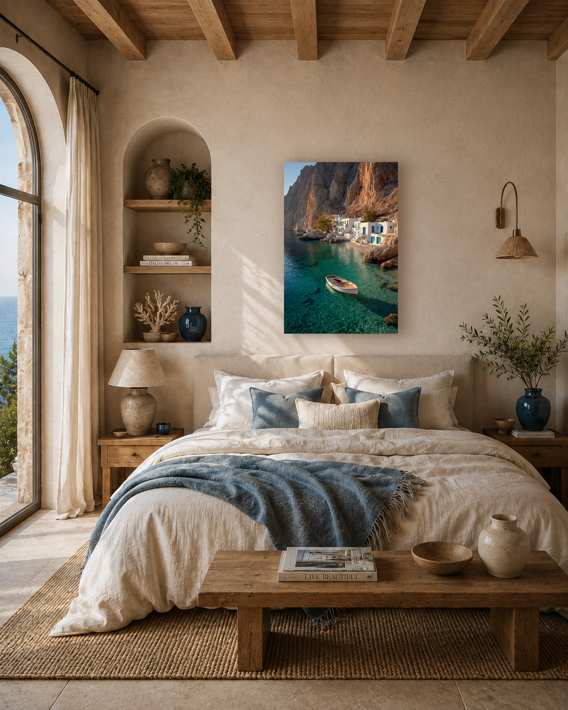 Coastal poster print above a bed in a calm bedroom with an arched alcove and textured bedding