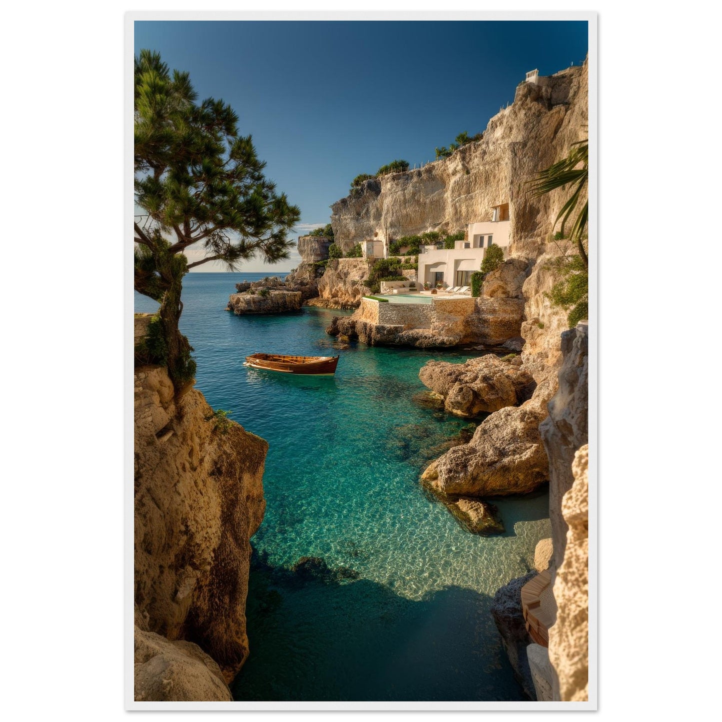 Coastal cliffside framed poster in a white wooden frame