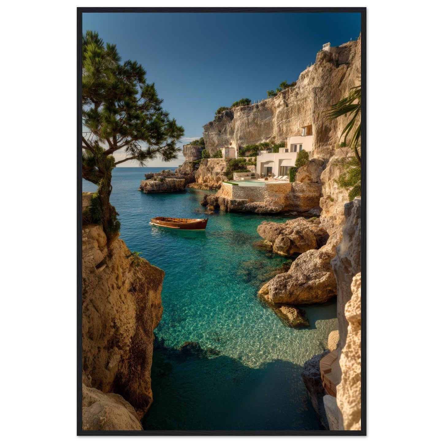 Turquoise bay framed wall art in a dark wooden frame