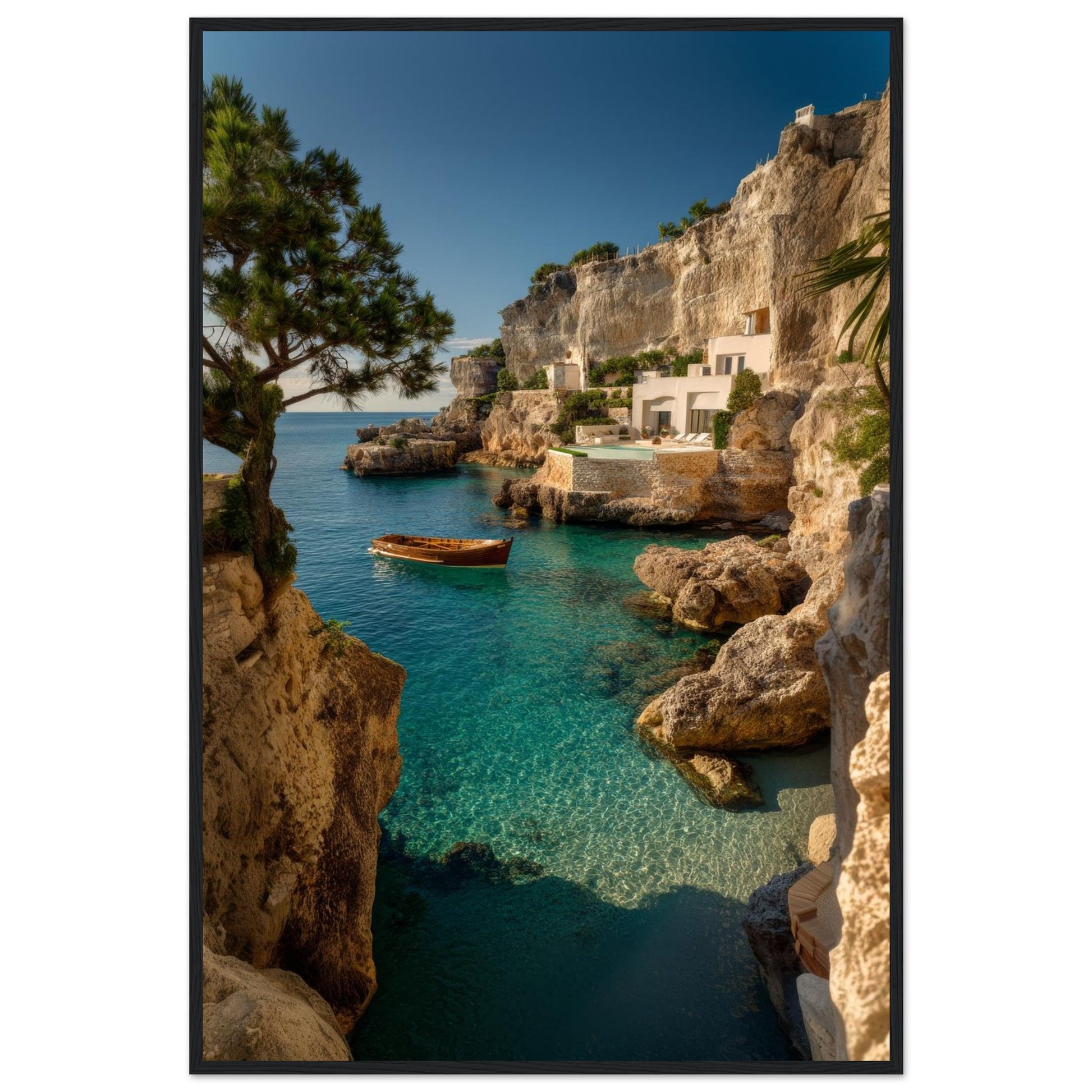Turquoise bay framed wall art in a dark wooden frame