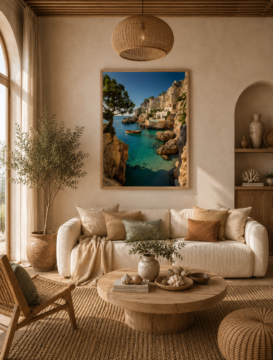 Turquoise bay framed wall art above a cream sofa in a living room with a pendant lamp and olive branches