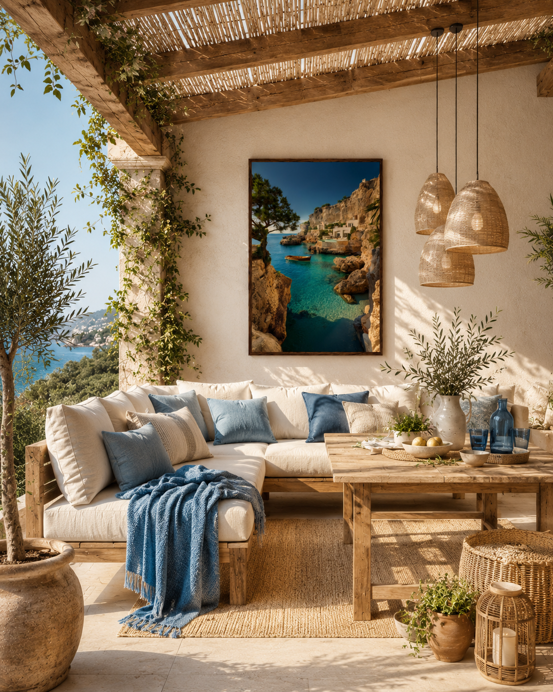 Framed Mediterranean cove print on a covered terrace with rattan seating, pergola beams and potted plants