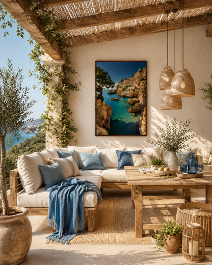 Framed Mediterranean cove print on a covered terrace with rattan seating, pergola beams and potted plants