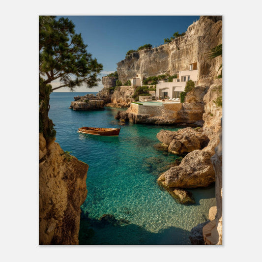 Hidden Cove Escape Mediterranean cliffside canvas wall art with turquoise bay, whitewashed cliff houses and a wooden boat