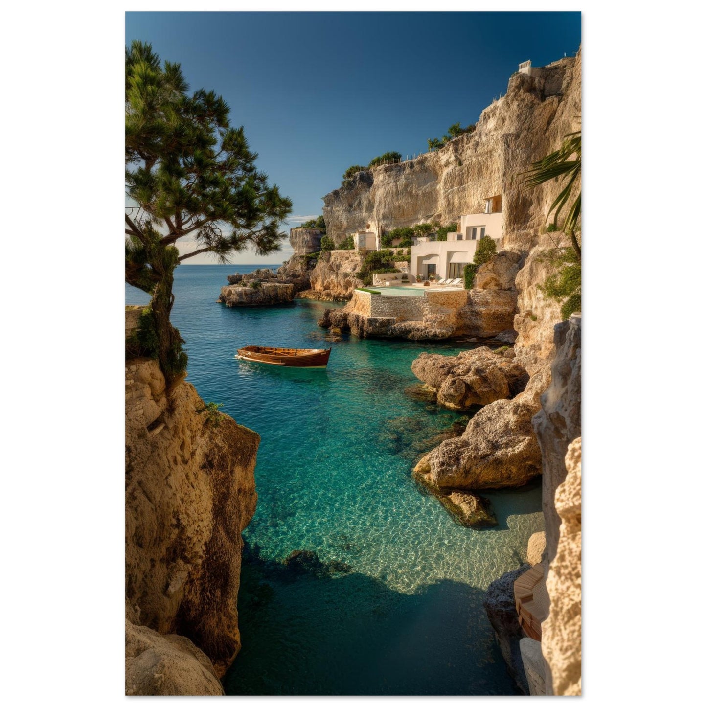 Hidden Cove Escape Mediterranean cliffside wall art poster with turquoise bay, whitewashed cliff houses and a wooden boat