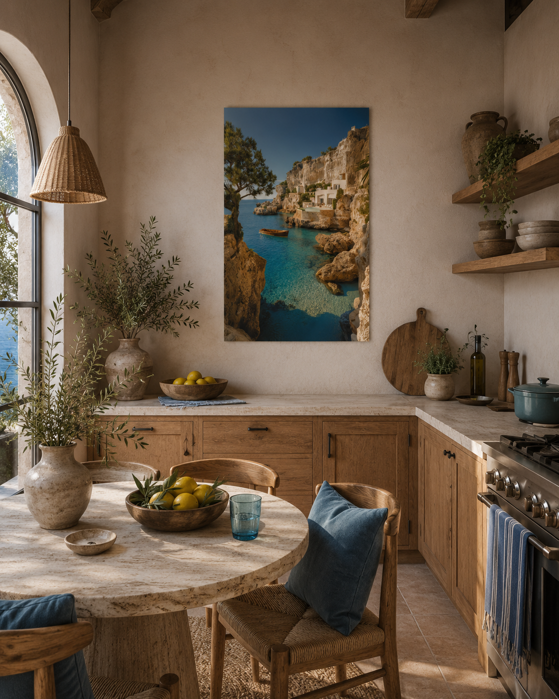 Turquoise bay poster on a kitchen wall above a round dining table with fruit and ceramics