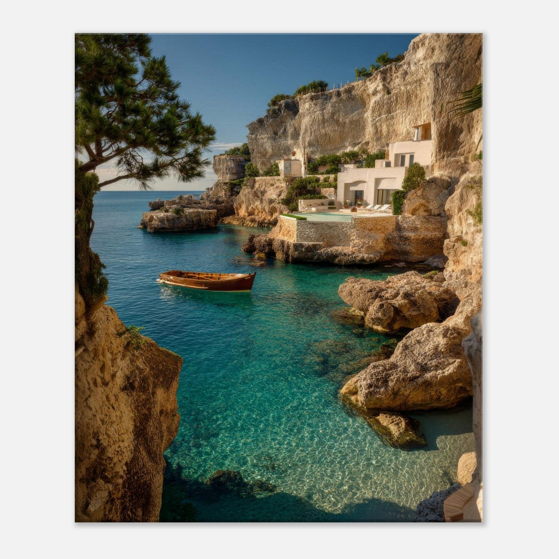 Turquoise cove canvas print showing clear shallow water, limestone rocks and pine trees on the clifftop