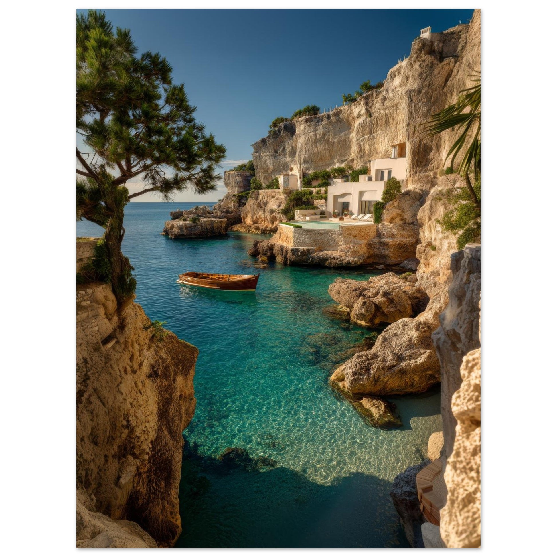 Turquoise cove poster print showing clear shallow water, limestone rocks and pine trees on the clifftop