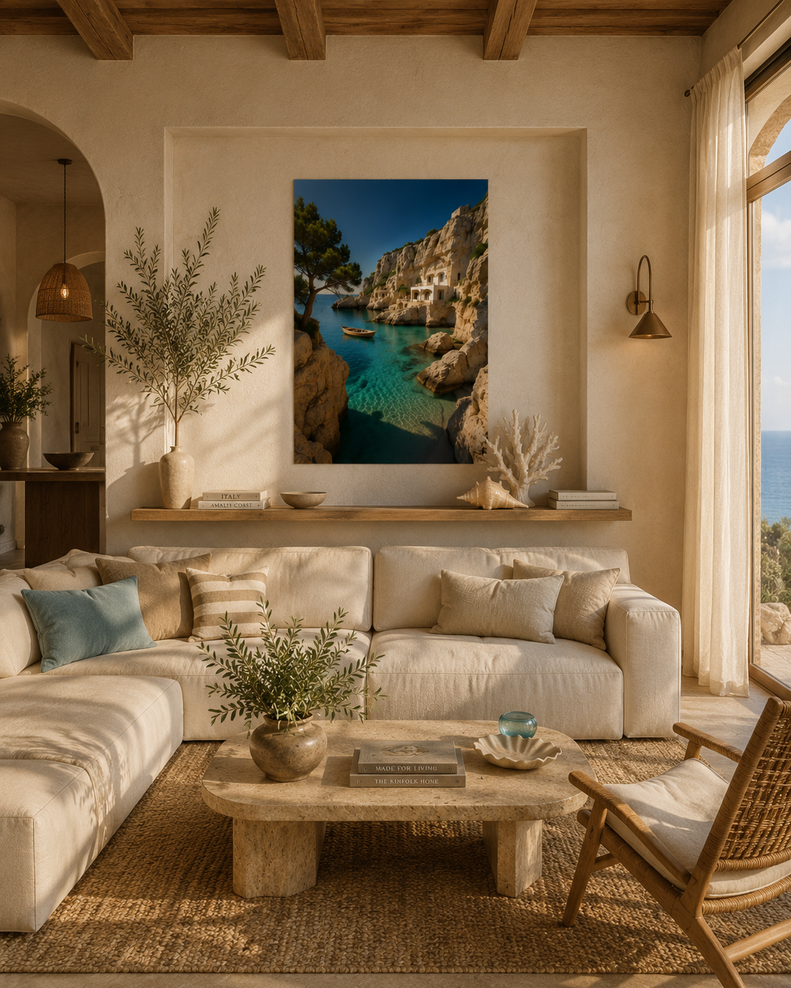 Mediterranean cove poster above a cream sofa in a living room with wooden beams and a sea view